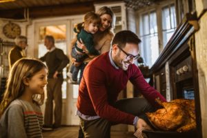 man taking turkey out of the oven with family