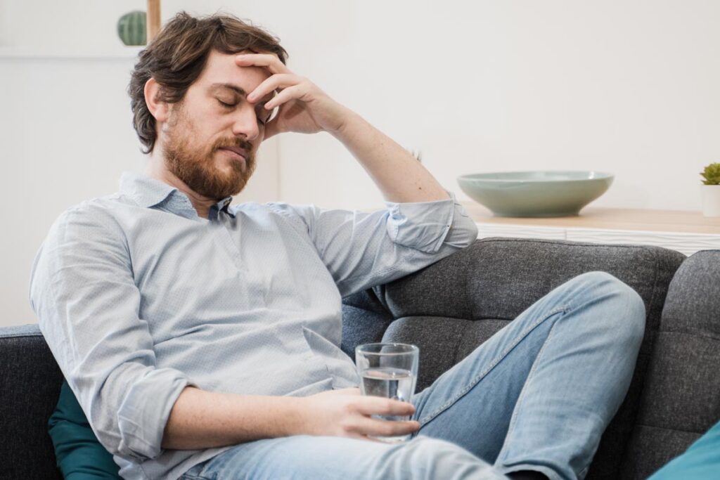 a man sits on his couch with a drink in one hand and his other hand raised to his head appearing distraught while experiencing alcohol withdrawal symptoms